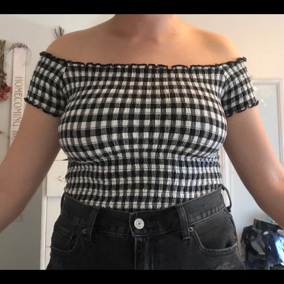 off the sholder black and white plaid top - Picture 3 of 4